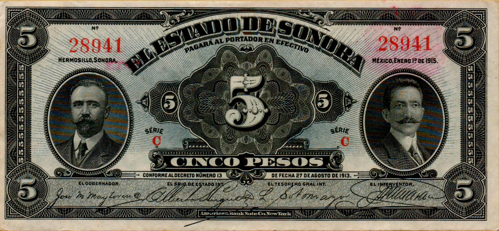 Mexico (Revolutionary) 5 1915 aUNC PS-1071